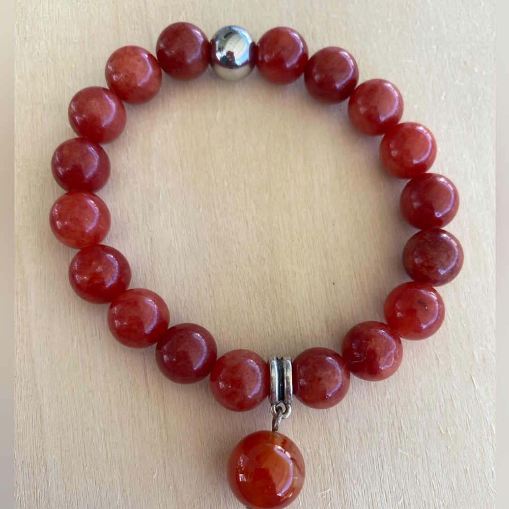 HANDMADE Orange Jade and Silver Beaded Bracelet with Jade drop Charm